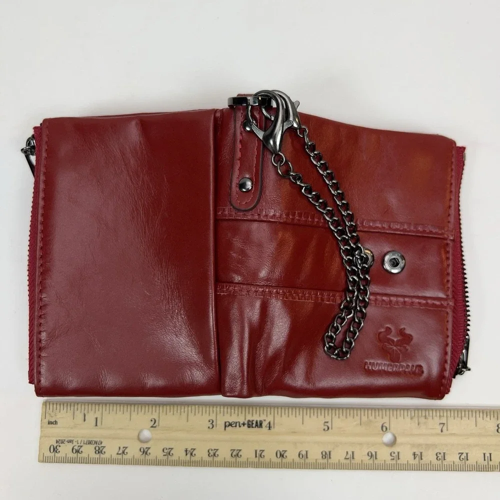 Humerpaul Leather Chain Wallet RFID Blocking Red Multi Card ID Snap Close Bifold